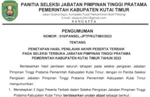 Pansel Umumkan 3 Besar Peserta JPT Pratama di Kutim